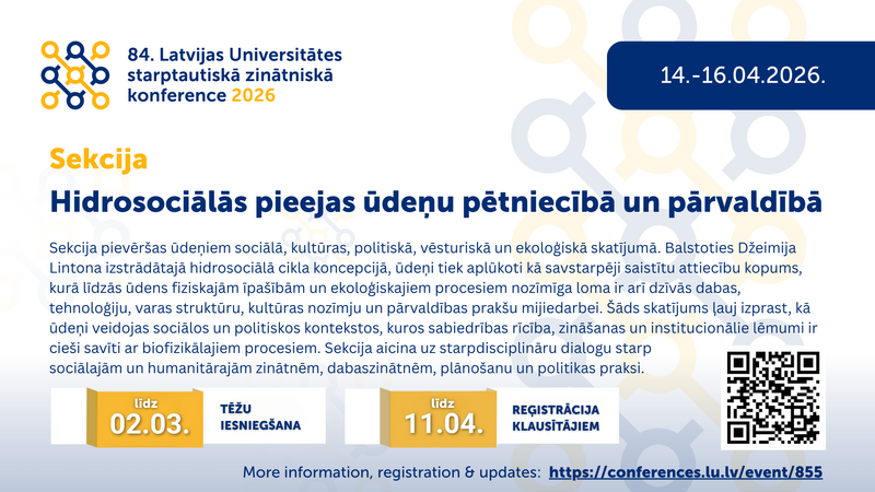 Projekta pētījuma rezultāti LU konferences sekcijā "Hidrosociālās pieejas ūdeņu pētniecībā un pārvaldībā"